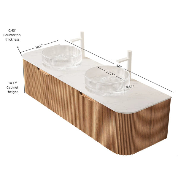English Elm Dina 60 Inch Floating Bathroom Vanity Sintered Stone Top Dual Glass Basins Wood Grain Carrara White,Natural Wood,Transparent W2615S00239