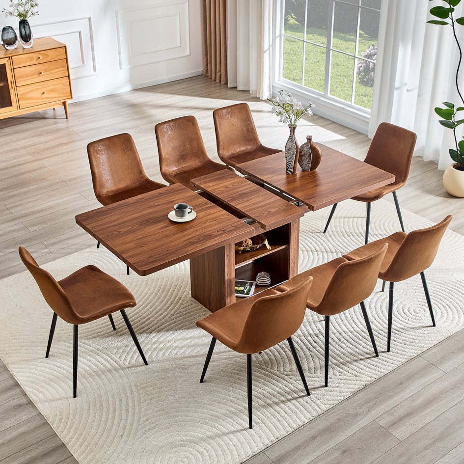 English Elm Expandable Walnut Mdf Dining Set Seats Eight with Storage Base and Fabric Chairs W1151S04716