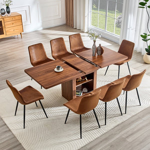 English Elm Expandable Walnut Mdf Dining Set Seats Eight with Storage Base and Fabric Chairs W1151S04716