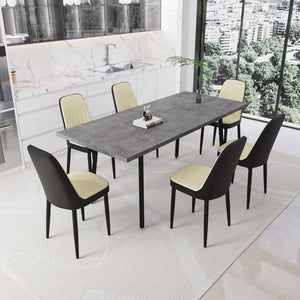 English Elm 55.12-70.87" Expandable Dining Set 7 Piece Industrial Mdf Table with Pu Upholstered Chairs Beige+Grey,Black W2189S00911