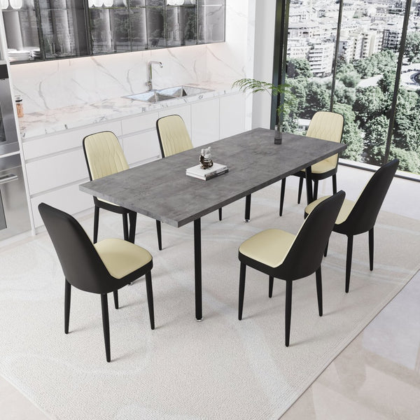 English Elm 55.12-70.87" Expandable Dining Set 7 Piece Industrial Mdf Table with Pu Upholstered Chairs Beige+Grey,Black W2189S00911