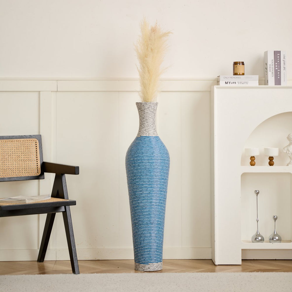 English Elm 39-Inch Tall Designer Floor Vase in Lake Blue PVC with Brushed Gold Accents for Dramatic Room Styling W2796P300933