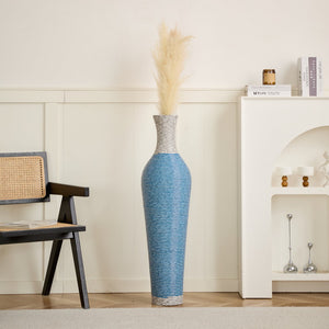 English Elm 39-Inch Tall Designer Floor Vase in Lake Blue PVC with Brushed Gold Accents for Dramatic Room Styling W2796P300933