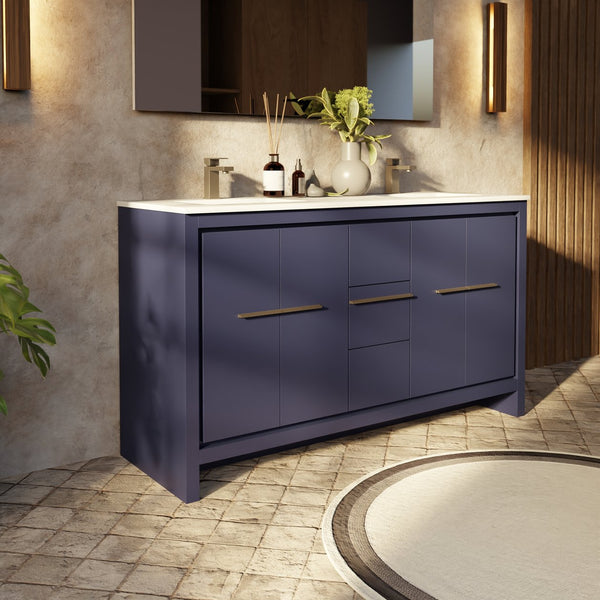 English Elm Navy Blue Double Bath Vanity With Cultured Marble Top - Stylish 60" W Storage Solution For Two Sinks B2731P259448