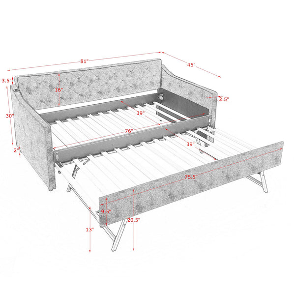 English Elm Twin Linen Tufted Daybed with Pop up Trundle and Usb Port for Guest Rooms Green W1413S00130