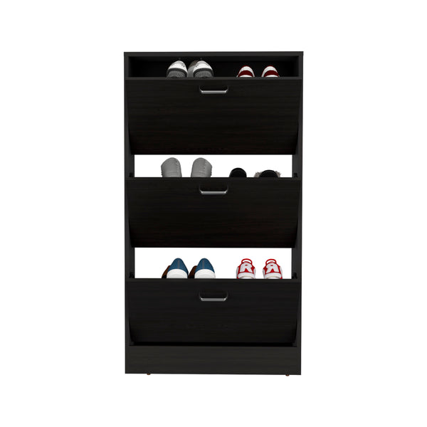 English Elm Inola Triple-Tier Pull-Down Shoe Rack Black Wengue — Slim Entryway Storage, Ventilated, Scratch-Resistant B200P361995
