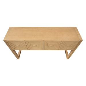 English Elm [video] Art Deco Console Table Geometric Carved Fronts Fluted Legs 3 Soft-close Drawers Light Brown N759P433572T