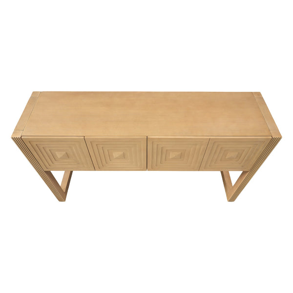 English Elm [video] Art Deco Console Table Geometric Carved Fronts Fluted Legs 3 Soft-close Drawers Light Brown N759P433572T