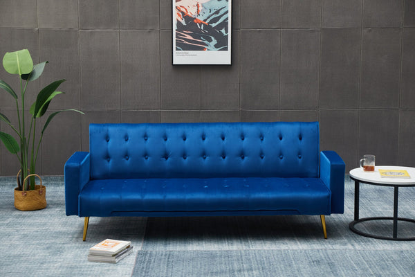 English Elm Sofa Bed Velvet Upholstered Convertible with Gold Metal Legs for Studio Spaces Dark Blue B205P246427