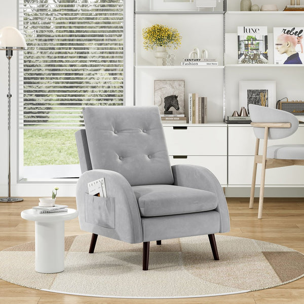 English Elm Upholstered Velvet Accent Chair and Ottoman with Storage, Tufted Design, 6-Level Adjustable Backrest Light Gray T3623P411378
