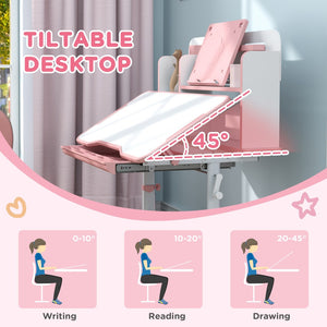 English Elm Qaba Kids Desk And Chair Set - Ergonomic Adjustable Study Desk With Tilt Top, Storage & Comfort In Pink W2225P229581-GIGA