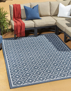 Unique Loom Outdoor Trellis Kafes Machine Made Geometric Rug Navy Blue, Ivory 7' 10" x 10' 0"