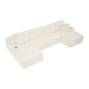 English Elm U-shaped Corduroy Cloud Sectional Sofa with Pocket Springs and Modular Living Room Seating Beige W3366S00004