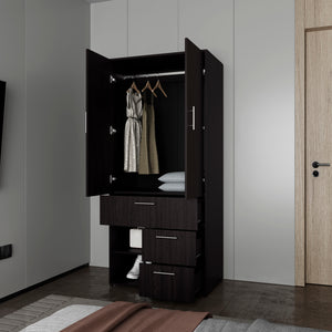 English Elm Upland Black Wood Armoire with Hanging Rod Drawers and Open Compartments B092S00279