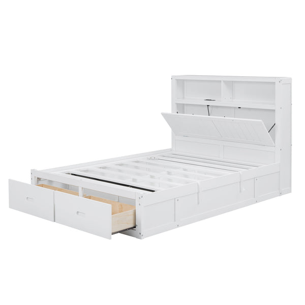 English Elm Wood Full Size Hydraulic Platform Bed with LED Headboard, Charging Station, Hidden Storage Drawers and Shelves White GX000371AAK