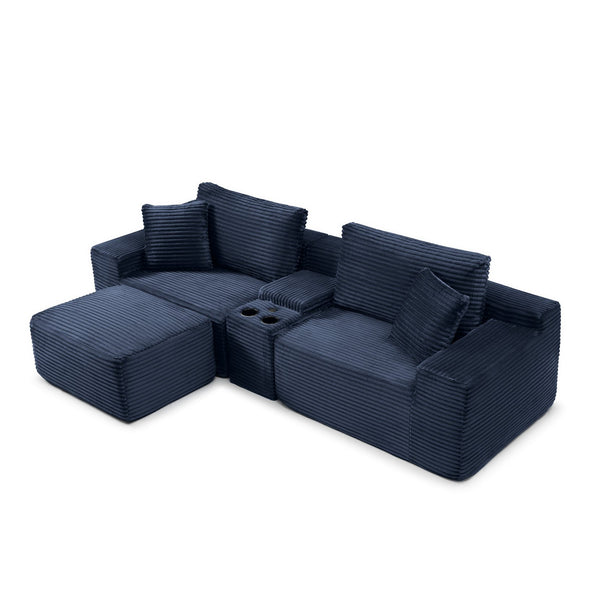 English Elm Modular Cloud Sectional Sofa with Corduroy Deep Seating Usb Ports and Storage Ottoman Blue W1117S00362