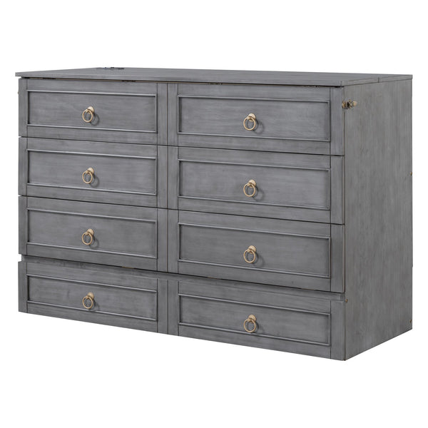 English Elm Queen Murphy Wall Bed with Rattan Panel Cabinet and Storage Drawers for Studio Rooms Gray LP000676AAE