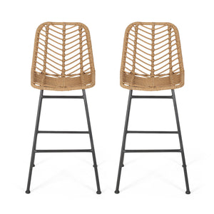 English Elm Christopher Knight Home® - Sawtelle Hand-Wrapped Faux Rattan Barstools Set of 2 — Metal Frame, Modern Minimal Outdoor Chic Light Brown 65481.00LBRN