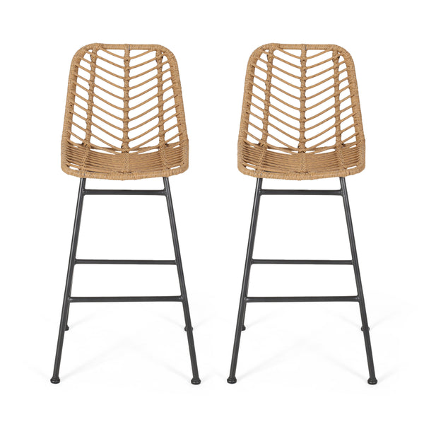English Elm Christopher Knight Home® - Sawtelle Hand-Wrapped Faux Rattan Barstools Set of 2 — Metal Frame, Modern Minimal Outdoor Chic Light Brown 65481.00LBRN