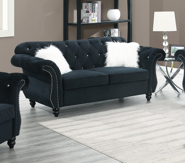 English Elm Formal Crystal-Tufted Velvet Loveseat with Rolled Arms and Silver Nailhead Trim for Elegant Living Rooms Black 34 L x 34 W x 16 H B011S01697
