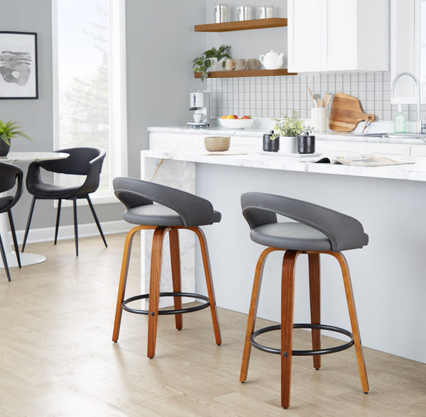 English Elm Fixed-height Swivel Counterstools Mahogany Wood Chrome Footrest Velvet Seat Set of 2 Grey B202S01775