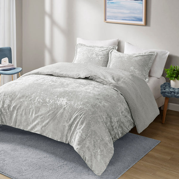 JLA Home Intelligent Design - Crushed Velvet Sherpa Reversible Comforter Set with Hypoallergenic Fill, OEKO-TEX Certified Luxury Silver ID10-2263