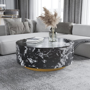 English Elm Tavola Round Coffee Table with Marble Pattern Top and Metal Legs, Two Drawers for Stylish Storage Black B341P321162