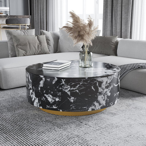 English Elm Tavola Round Coffee Table with Marble Pattern Top and Metal Legs, Two Drawers for Stylish Storage Black B341P321162