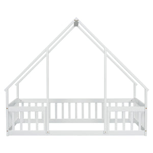English Elm Twin Wood House-Shaped Floor Bed with Fence and Guardrails – Playful Pine Frame for Imaginative Kids Retreat White W504P143290