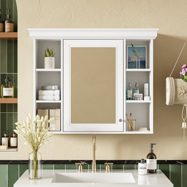 English Elm 35'' 35' 35'' x 28'' Wall Mounted Medicine Cabinet with Mirror Door, Modern MDF Storage with Towel Rod White N710P196545K