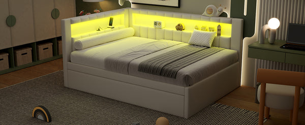 English Elm Upholstered Full Platform Bed with Trundle, Built-In USB Ports & LED Accent, Linen Upholstery White DL001925AAK