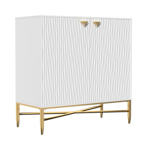 English Elm 2 Door White Locker Accent Cabinet with Gold Spindle Legs, Diamond Ripple Doors, Adjustable Shelves, Modern Storage Elegance T3609P347437