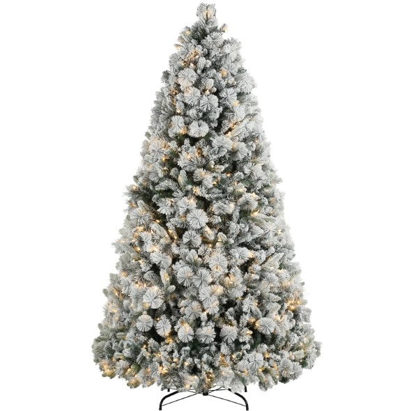 English Elm Christmas Flocked Fir Tree 7.5 Ft with 500 Warm White Lights and Steel Base T3971P419967