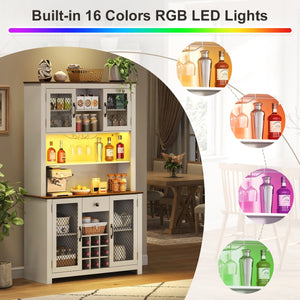 English Elm 70.9" Farmhouse Hutch Pantry with Led Lighting Wine Rack Mesh Doors and Built-in Power White CH361426AAK