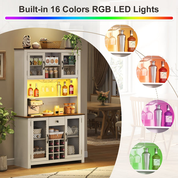 English Elm 70.9" Farmhouse Hutch Pantry with Led Lighting Wine Rack Mesh Doors and Built-in Power White CH361426AAK