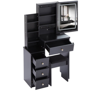 English Elm 29.2" Stylish Left Bedside Vanity Table Set With Led Mirror, Power Station & Cushioned Stool For Comfort W936P202471
