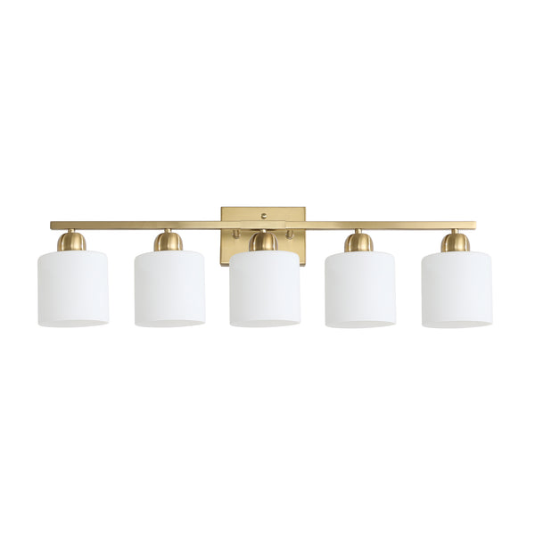 English Elm Gold 5-Light Modern Vanity Light Fixture Over Mirror With Frosted Glass Shades For Elegant Illumination W2312P374857