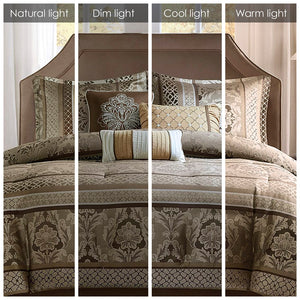 JLA Home Madison Park - 7 Piece Jacquard Comforter Set Layered Luxury with Leaf, Stripe & Ironwork Motifs, 7-Pc Textured Polyester Ensemble MP10-4535