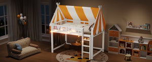 English Elm Full Size Solid Wood Loft Bed with Canopy Led Lighting and Integrated Bookshelf White N7090002242K
