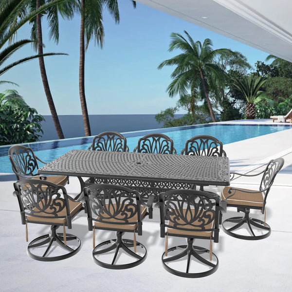 English Elm 9-Piece All-Weather Cast Aluminum Dining Set With 8 Swivel Chairs & Rectangular Table For Outdoors W1710S00475