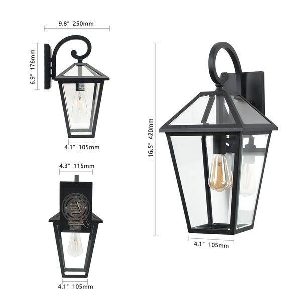 English Elm 10" Vintage Outdoor Wall Lanterns Set of 2, Black Weatherproof Sconces with Clear Glass, Rustic Porch Lighting Elegance W1340P239406