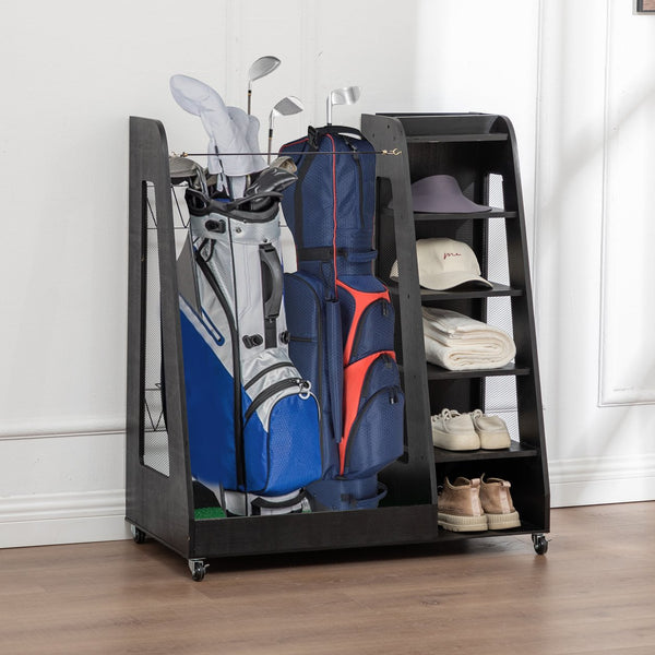 English Elm Golf Bag Storage Rack Wooden 2 Bag Organizer with Shoe Shelf for Garage Basement Black W1422P296350