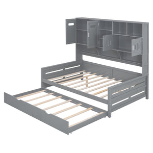 English Elm Full Size Wooden Daybed With Twin Trundle & Stylish Integrated Cabinet For Smart Space-Saving Solutions N820S00027E
