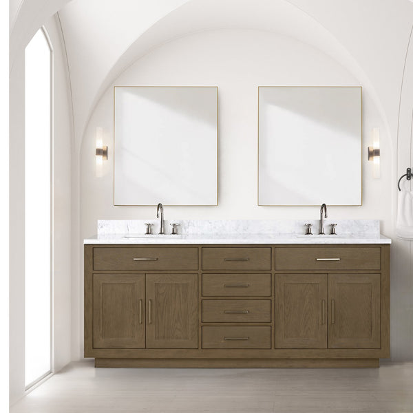 English Elm Grey Oak Double Bath Vanity Set With Carrara Marble Top & Two 36-Inch Mirrors For Elegant Bathrooms B2731S01549