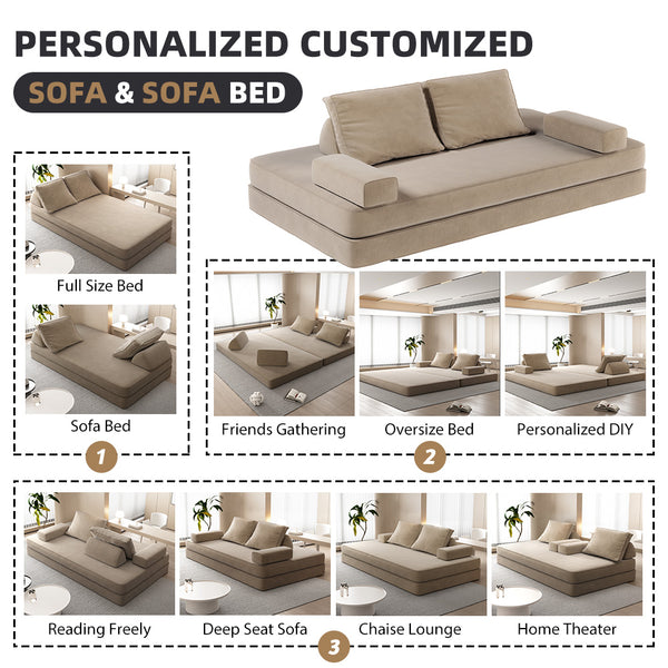English Elm 86.6"Multifunctional Folding Sofa Bed with Chaise, Fluffy Chenille, Removable Backs & Pillows, Deep Seat Lounge Camel W3219P340668