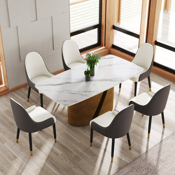 English Elm 70.86" Modern Dining Table With Curved White Sintered Stone Top & Bronze Iron Legs For 6-8 People W1535S00361