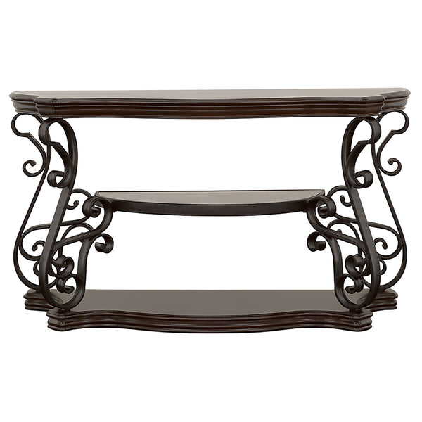 English Elm Gretta Merlot console table with bronze scrollwork legs, polished wood shelves, elegant hallway focal piece B062P333395