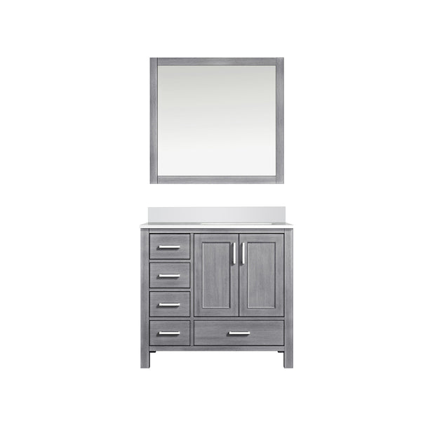 English Elm Distressed Grey Bath Vanity With Cultured Marble Top & 34" Mirror - Timeless Charm & Storage Solution B2731S00785