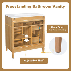 English Elm 30" Pine Wood Bathroom Vanity with Ceramic Sink Soft Close Drawers and Vintage Knobs N725P375498N