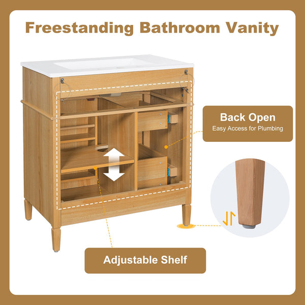 English Elm 30" Pine Wood Bathroom Vanity with Ceramic Sink Soft Close Drawers and Vintage Knobs N725P375498N